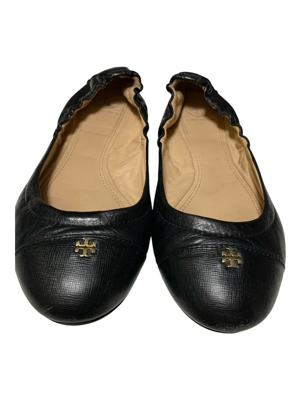 Tory Burch Black ‘York’ Leather Elastic-Back Ballet Flats with Gold Logo